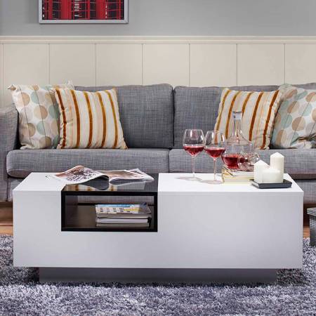 White Modern Coffee Table - Dual tone design and side open storage space